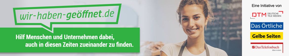 Als langjährige Partner des Mittelstandes haben die Verlage von Das Örtliche, Das Telefonbuch und Gelbe Seiten die Onlineplattform "wir haben geöffnet"(https://bit.ly/3cHwqcw) ins Leben gerufen, um kleine und mittelständische Unternehmen in Zeiten von Covid-19 zu unterstützen. Hier können Gewerbetreibende ihre geänderten Öffnungszeiten und Leistungsangebote kostenlos hinterlegen. Auch Kunden und Verbraucher können mithelfen, indem sie mit wenigen Klicks geöffnete Geschäfte auf der Plattform melden. So werden alle nützlichen Informationen für jeden unkompliziert zugänglich. 